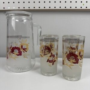 Vtg Cerve Italian frosted floral glass‎ pitcher Set 4 glasses MCM Regency Boho